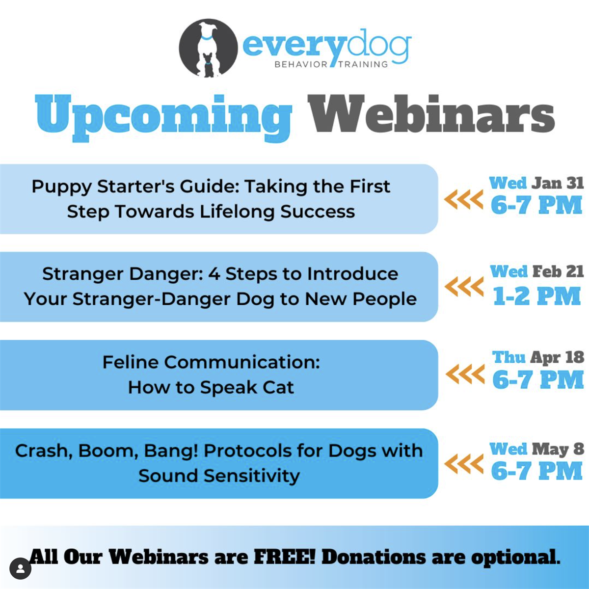 A schedule of 4 upcoming webinars with their titles and days/times listed